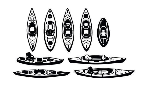 Different kayak and canoe silhouettes presenting an overhead and side view, including sit-on-top and sit-in types