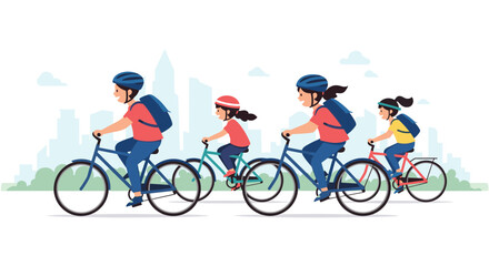 Fototapeta premium Happy family including parents and children ride their bicycles together on a city path with a suburban skyline visible in the background.