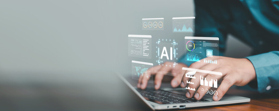 Business professional using laptop with artificial intelligence interface, data analytics dashboard, and virtual charts. Concept of AI technology, big analysis, machine learning, transformation