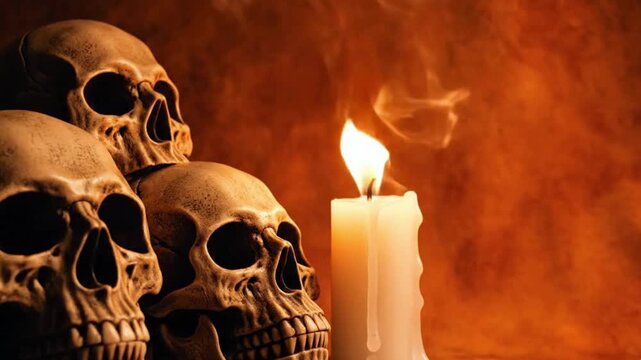 Skulls stacked beside burning candle.