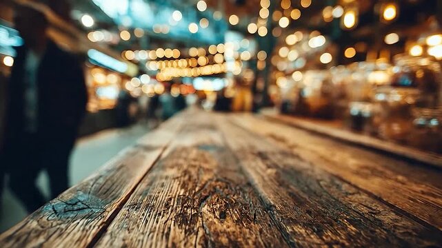 Rustic wooden table surface with blurred market lights and people in
