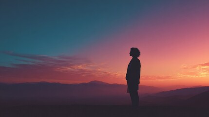 Fototapeta premium Silhouette person mountain sunset sunrise sky colorful landscape peaceful twilight. Silhouette of person standing mountain during vibrant sunset or sunrise colorful sky blending with peaceful