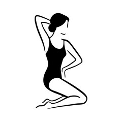 Logotipo con dibujo con líneas de una mujer con bikini de estilo retro, posando de rodillas con una mano en la cabeza © teracreonte