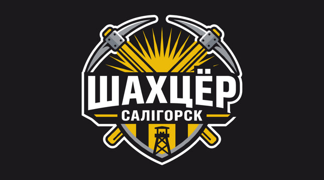 Logo design for Shakhtar Soligorsk football club showcasing mining tools and sun with black background