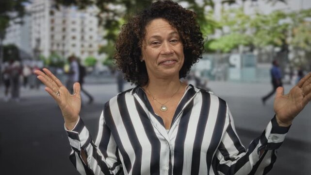 Woman holds hands up on street wearing black and white striped shirt under city plaza buildings; uncertainty doubt hesitation perplexity.