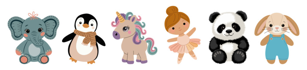 Obraz premium Cute cartoon toy animals and balerina girl. Each character has a sweet, friendly expression. Soft pastel colors bring warmth and charm to the scene. Perfect for children's books, classroom decor