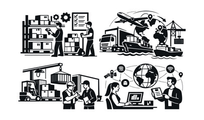 Naklejka premium Visualizing global logistics processes, featuring warehouse operations, international freight shipping, cargo handling, and digital supply chain tracking