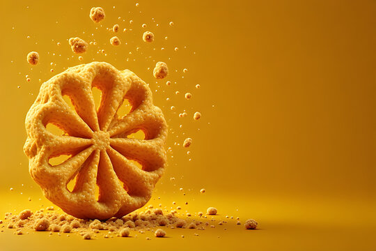 Intricate kokis crispy snack shaped like floral wheel with crumbs symbolizing festive treats for Sinhala and Tamil New Year on yellow background with copy space