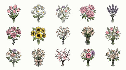 A collection of 15 beautifully illustrated floral bouquets, each featuring a unique arrangement of flowers and foliage. © Renald