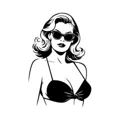 Dibujo con líneas de la parte superior de una mujer posando con bikini, gafas de sol y peinado estilo retro © teracreonte
