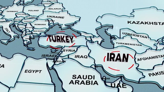 A 3D world map highlights TURKEY, and Iran, the Middle East, IRAN map, UAE map, Dubai, Strait of Hormuz, Turkey map,