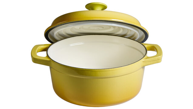 Isolated bright yellow enameled cast iron Dutch oven with lid slightly open for cooking