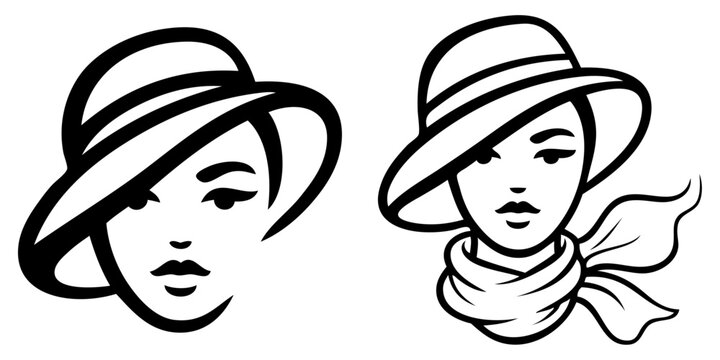 Logotipo boutique de moda. Dibujo de la cabeza de una mujer con un elegante sombrero vintage y con un elegante sombrero vintage con pa&ntilde;uelo al cuello 