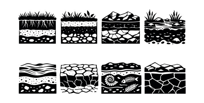 Earth soil layers set illustrating various underground cross sections, showing different ground profiles with grass, rocks, water, and fossils