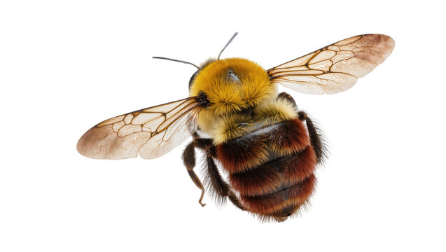 Isolated detailed close-up of a large fuzzy bumblebee or carpenter bee hovering.
