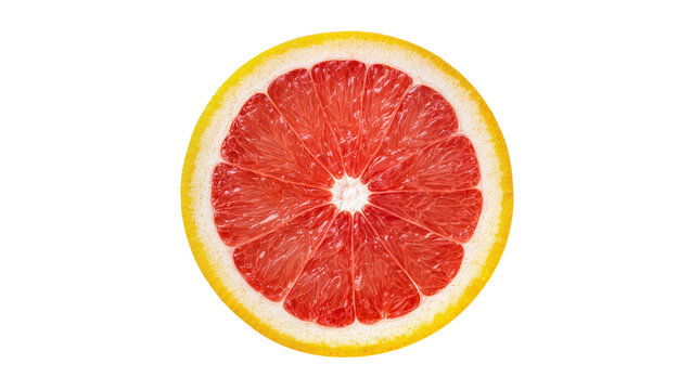 Isolated fresh ripe ruby red grapefruit citrus fruit cross section slice showing juicy pulp.