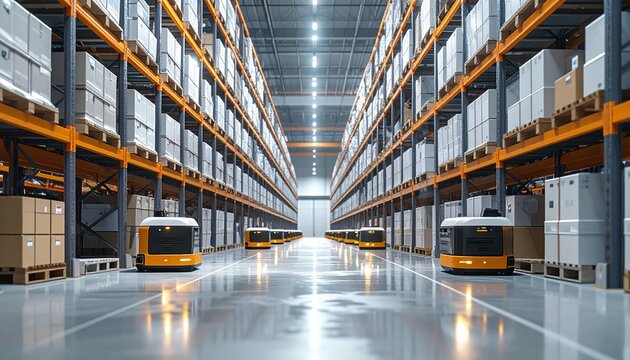 無人搬送ロボットが働く最新スマート物流倉庫の通路
