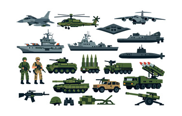 Naklejka premium Comprehensive military collection displaying modern army, navy, and air force assets for defense operations and strategic warfare
