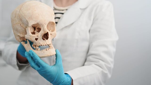 A doctor holds human skull against a blurred background. Archaeological excavations, a symbol of death. Stomatologist showing old skull and teeth
