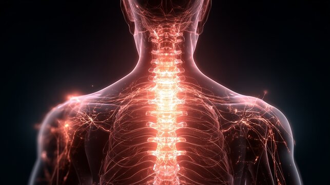 Human spine within a torso showing vertebrae and nervous system with glowing highlights