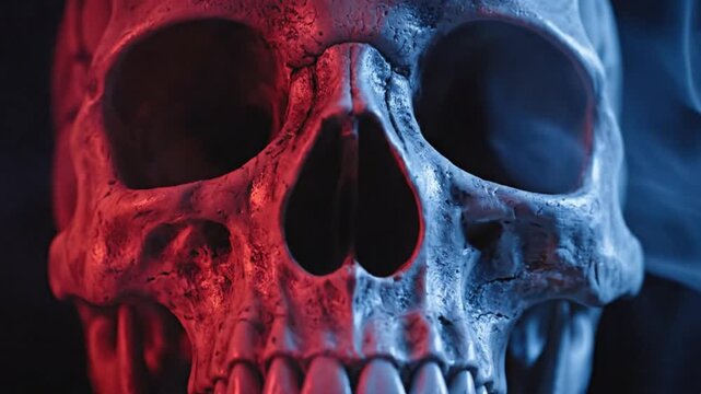 Human Skull with Red Blue Lighting.