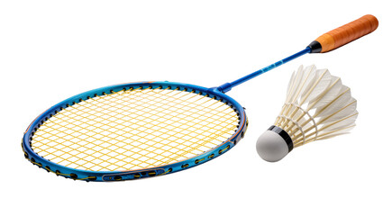 Isolated badminton racket with yellow strings and shuttlecock, essential equipment for athletic sport game © Trym