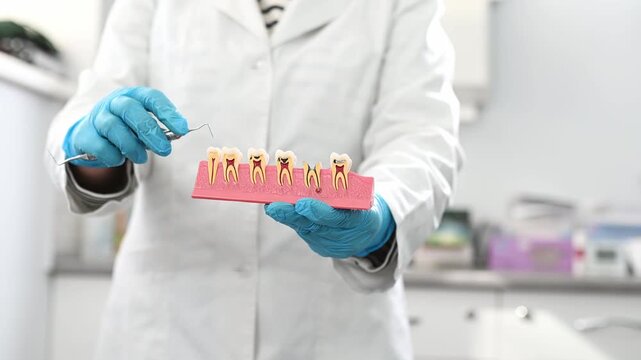 Stages of dental caries and pulpitis development on an anatomical model of a human tooth, educational material for dentists. Doctor holds in hands teeth