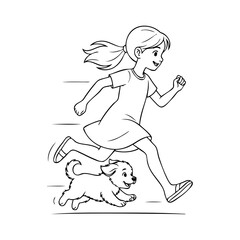 Dibujo sencillo con líneas de una niña feliz de pie, con ropa informal, corriendo con un cachorro de perro © teracreonte