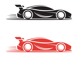 Obraz premium Racing car silhouette logo, speed motion lines, modern automotive branding design, high-speed vehicle emblem, vector illustration