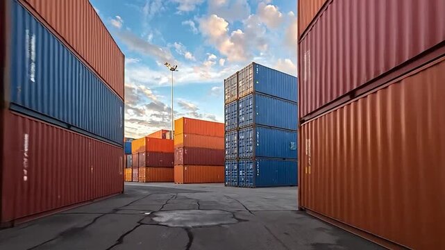 Rows of colorful shipping containers are stacked high at a busy port terminal