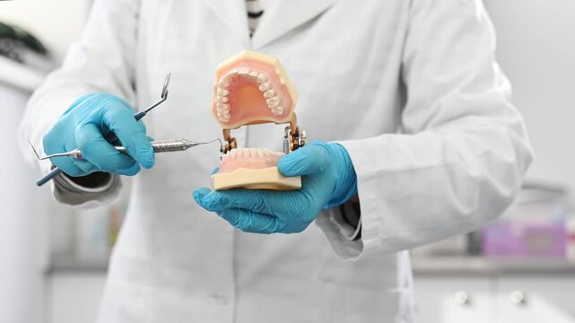 dentist wearing sterile gloves holds anatomical model of human jaw. close-up no face, making it unrecognizable. Gum inflammation, periodontal disease, stomatitis, gingivitis.