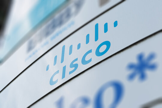 Dusseldorf, Germany - September 6 2025: Cisco company logo sign mounted on office building exterior wall
