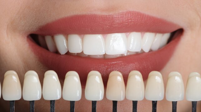 Comparing a tooth shade guide to a patient's bright white smile during a dental appointment