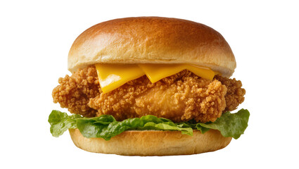 Isolated delicious crispy fried chicken sandwich with melted cheese and fresh green lettuce. © Trym