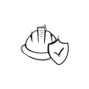 Safety Hard Hat with Shield Checkmark Hand Drawn Doodle Vector