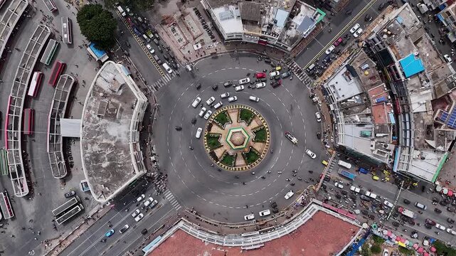 Drone eagle eye view of Krishnaraja Wadiyar IV Circle or kr circle with regular traffic,Mysore city