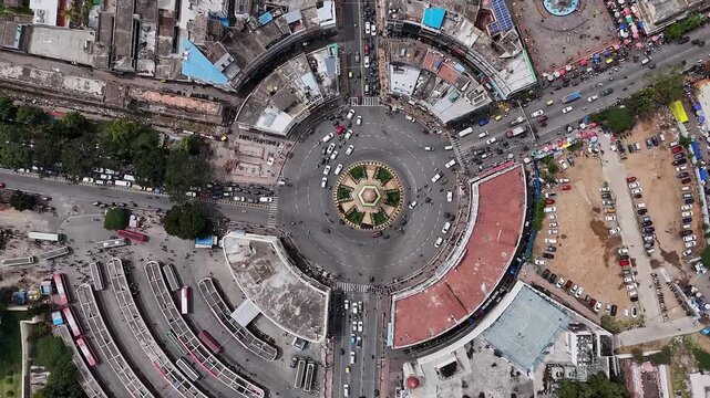 Drone eagle eye view of Krishnaraja Wadiyar IV Circle or kr circle with regular traffic,Mysore city
