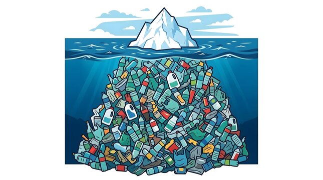 Floating Iceberg with Hidden Plastic Waste and Bottles Underwater Pollution Concept Isolated on White Background.