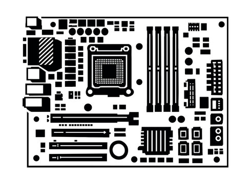 Motherboard circuit board silhouette with CPU socket and RAM slots, illustrating computer hardware, digital communication, and internet concepts