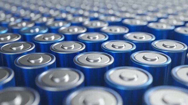 Rows of blue cylindrical batteries with positive terminals visible