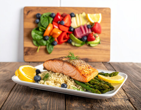 A plate of grilled salmon with asparagus and quinoa on a wooden table with a colorful salad in the background