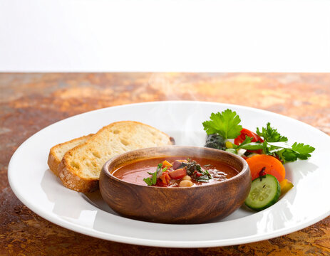 A bowl of soup with bread and vegetables on a white plate