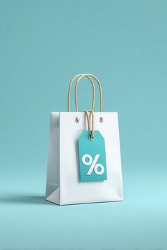 White shopping bag with percent discount tag on blue background minimal sale concept mockup
