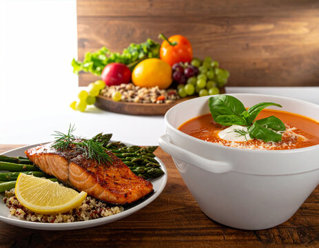 A plate of salmon and asparagus with a bowl of tomato soup on a wooden table