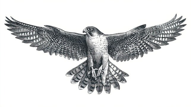 Falcon with spread wings detailed engraving sketch illustration isolated on white background