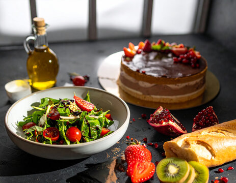 A delicious salad and dessert spread with fresh fruits on a table