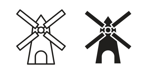 Mill sign set. outlined and solid flat clipart versions. © Warpiya