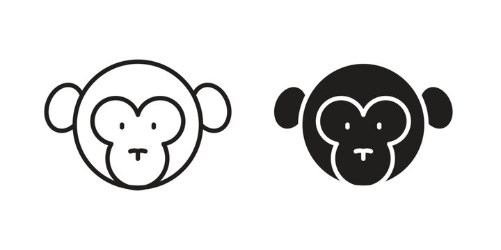 Monkey icon set. outlined and solid flat clipart versions.