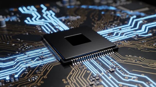 Microchip on circuit board with illuminated connections, showcasing progressive light patterns and intricate details of electronic components and pathways in a technological environment