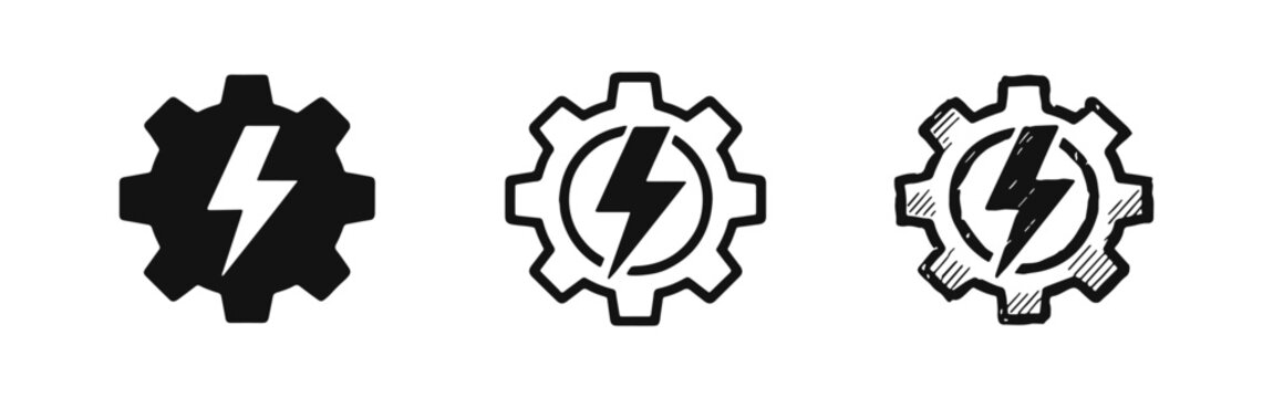 Power gear with lightning bolt icon set. Electrical engineering symbol. Energy mechanism illustration.